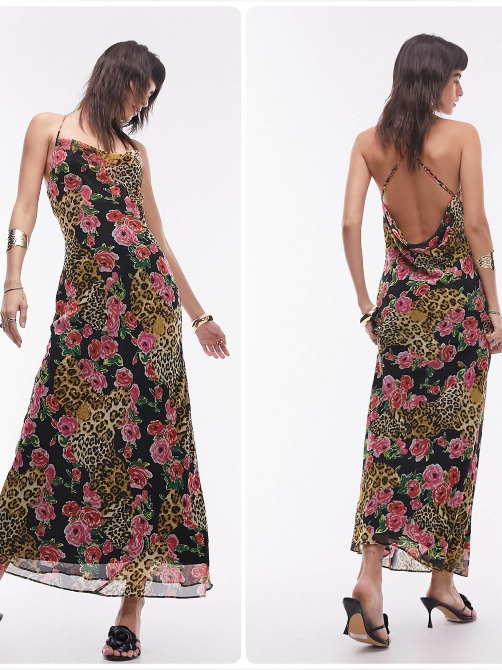 NWT Topshop Cami Slip Midi Dress in Leopard and Rose Print Size 2